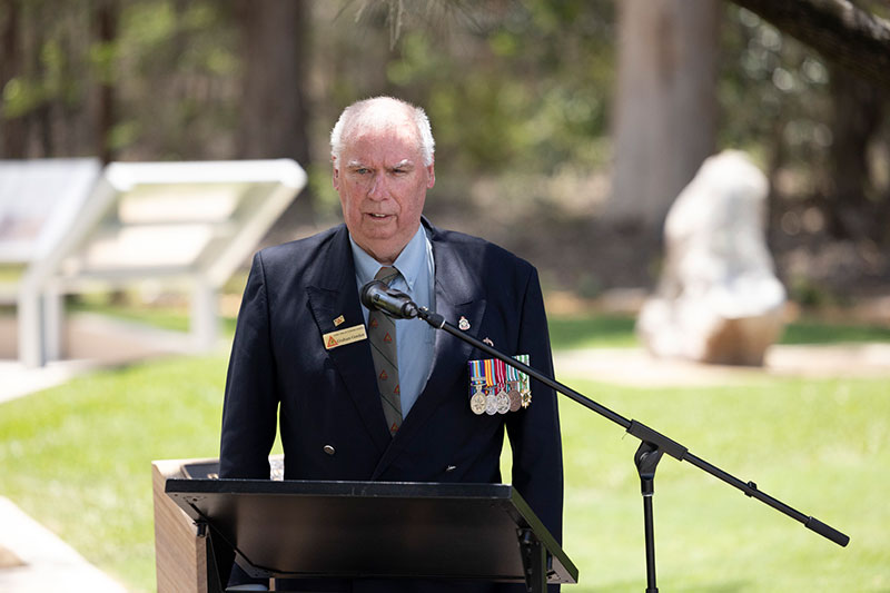 Runaway Bay RSL Sub Branch Secretary Graham Gordon speaking at the unveiling of the Canungra Vietnam War Memorial