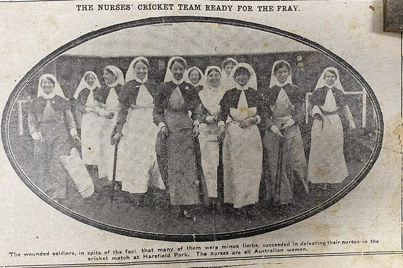 The Nurses’ Eleven take to the field at Harefield Park in mid-1915. Photo: Mirror of Australia, 4 December 1915