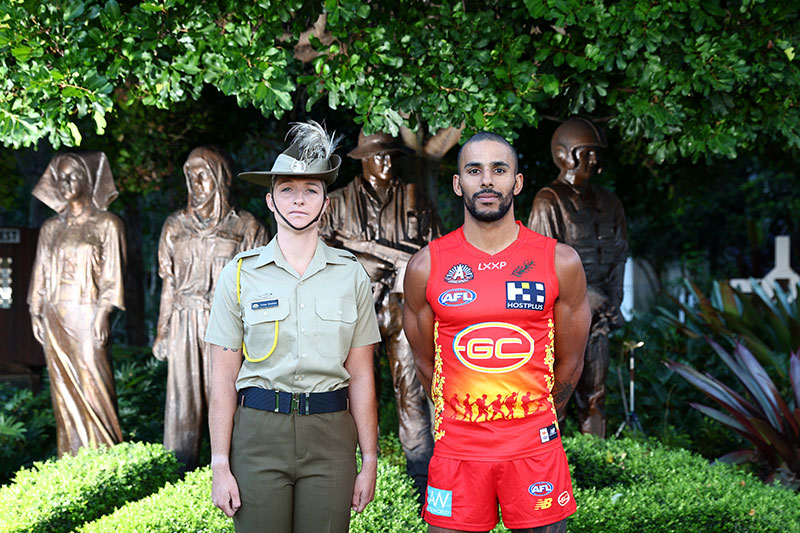 (L-R) GC Suns AFLW player and Army Reservist Private Jordan Membrey and GC Suns AFL Captain Touk Miller