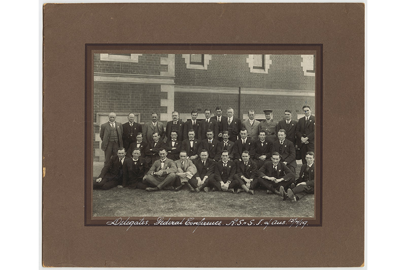 Delegates who attended the RSSILA’s 1919 Federal Conference included General Secretary William Henderson (seated middle row, far right), Acting General Secretary Alfred Morris (seated front row, fourth from left) and Queensland State President Pearce Douglas (seated middle row, third from the left). Photo: State Library of South Australia.   
