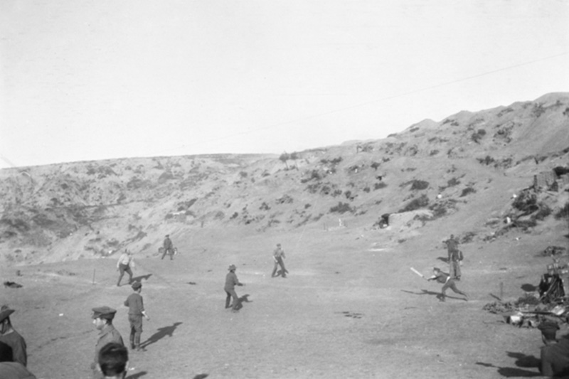 Charles Bean’s photograph of the December 1915 cricket match at Shell Green, Gallipoli.