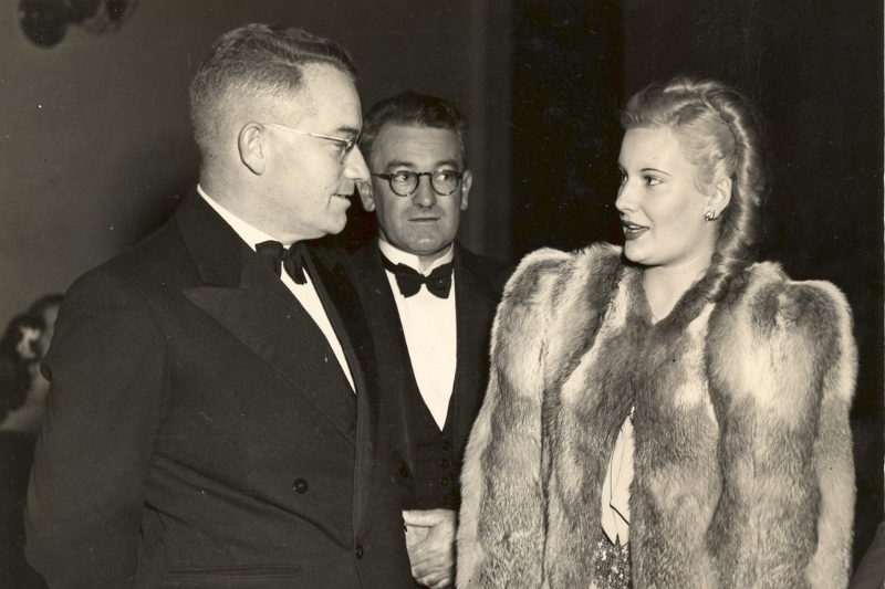 RSL Queensland State President Raymond Huish chats with Rhondda Kelly, the League entrant who won the Miss Australia Quest in June 1948