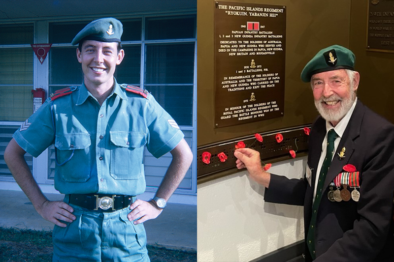 Greg at Moem Barracks, 1969; Greg at the Pacific Islands Regiment plaque in ANZAC Square, Brisbane, 2025. 