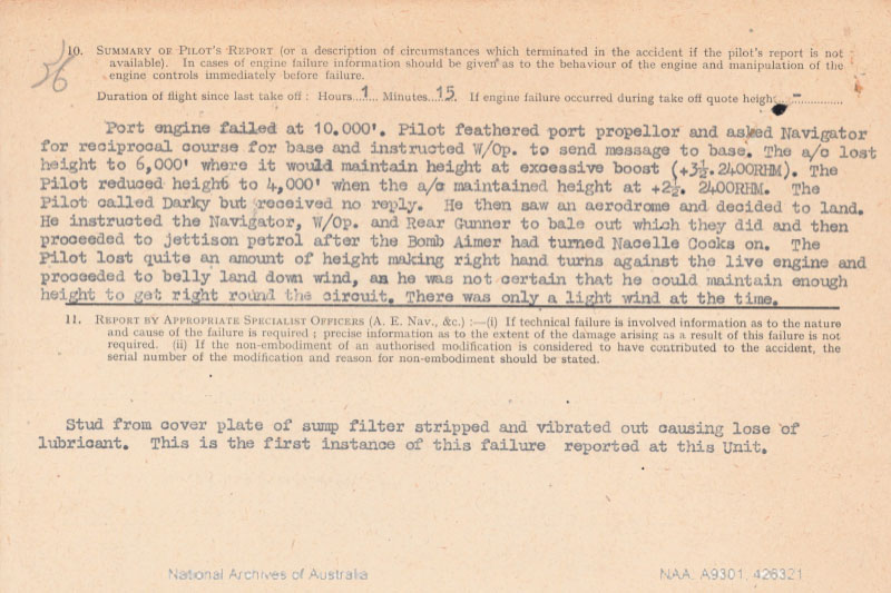 Report on flying accident or forced landing not attributable to enemy action. 